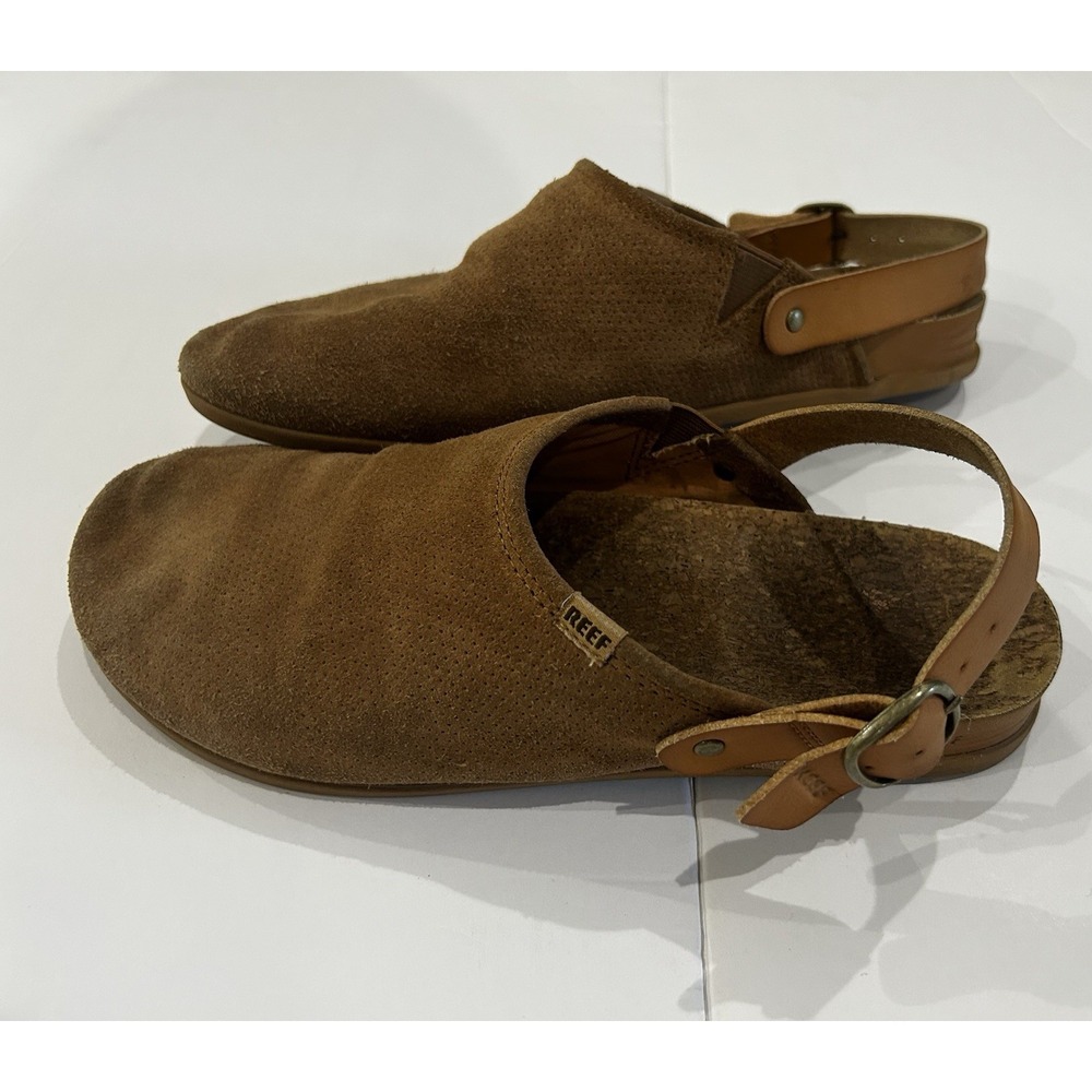Reef 9 Slide On Clog Mules Suede Leather Buckle Tan Cork Insole Y2K Potato Shoes
